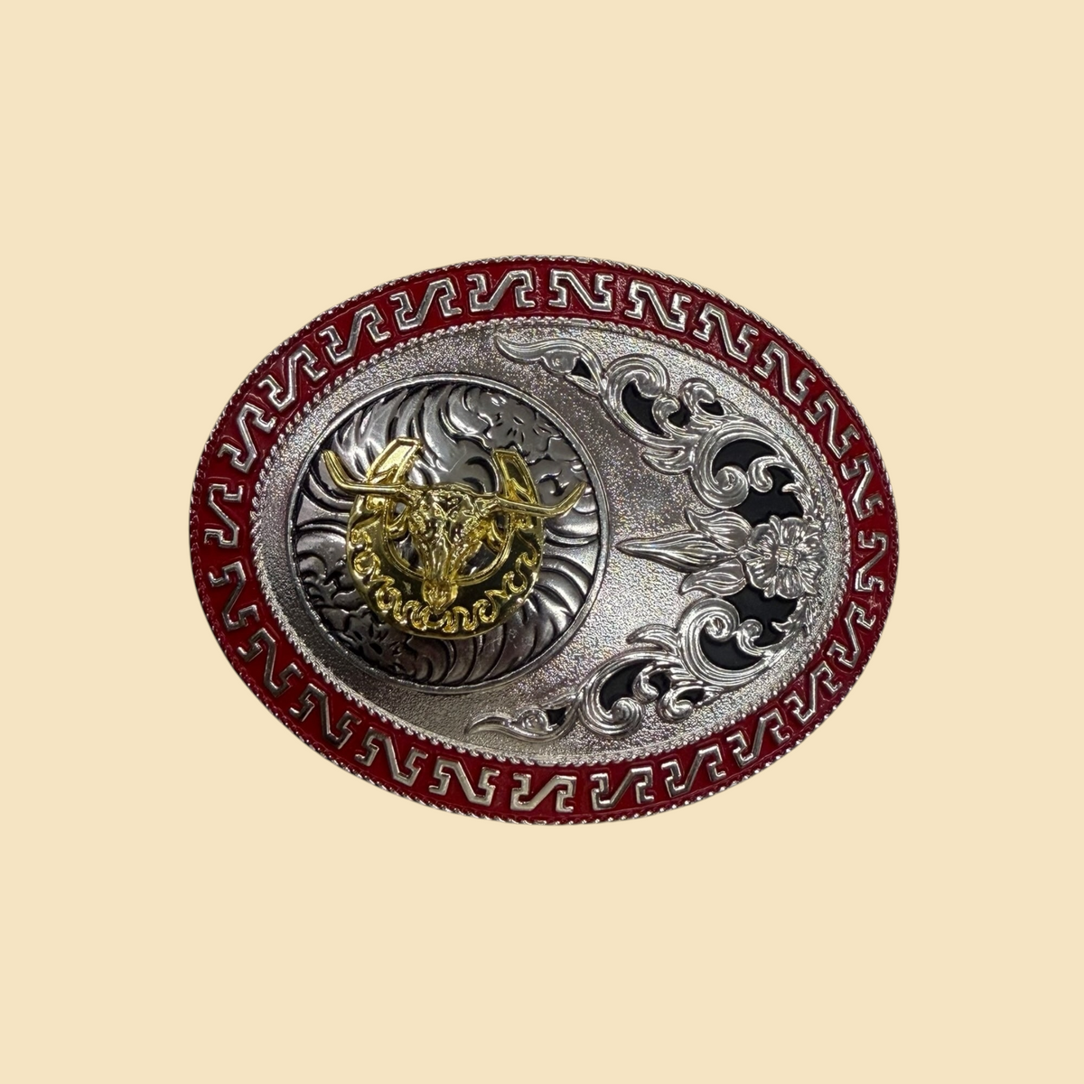 Lopez Fashion oval western belt buckle with red enamel, silver floral scrollwork, and a gold longhorn steer emblem.