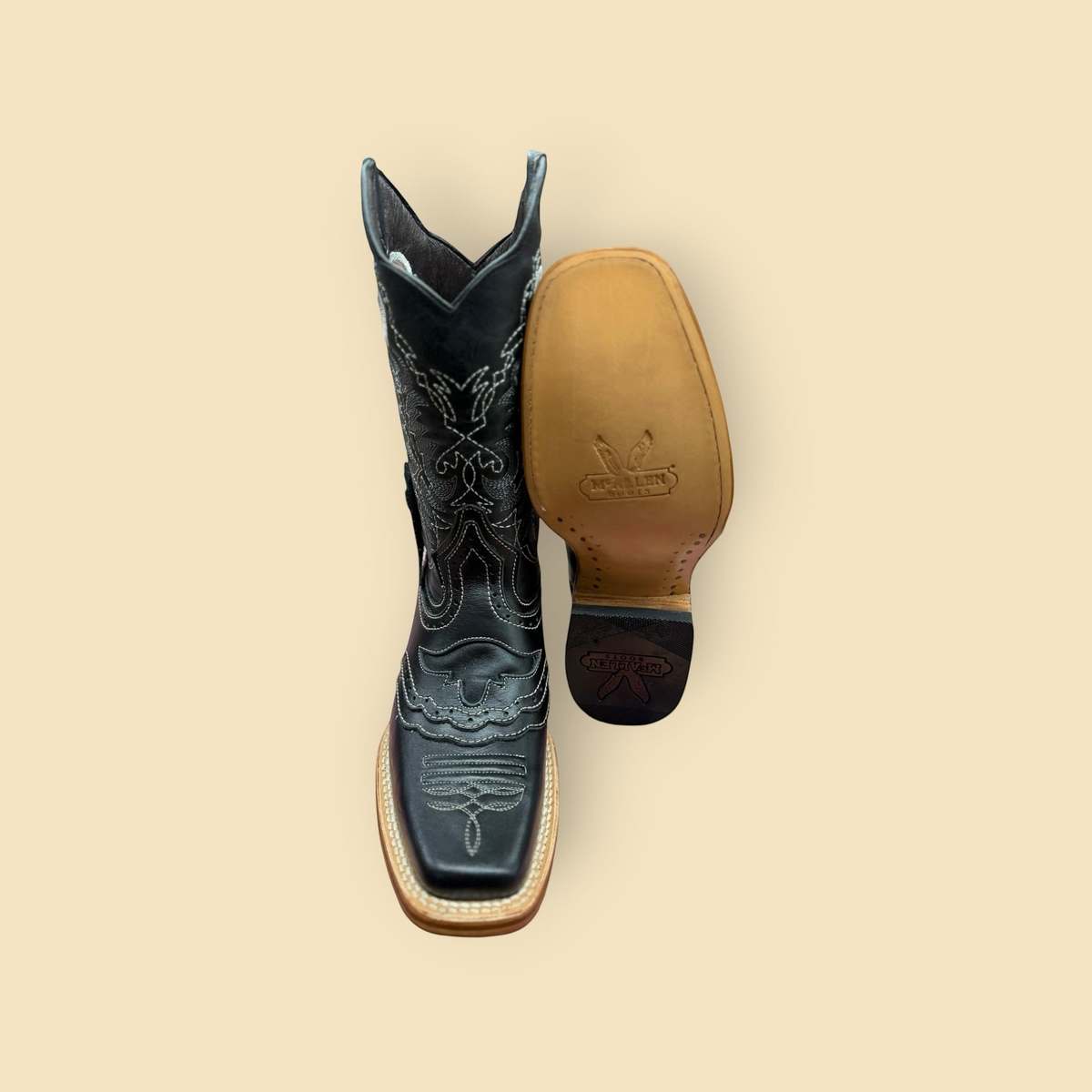 Lopez Fashion McALLEN black leather cowboy boots with white contrast stitching and a square toe profile