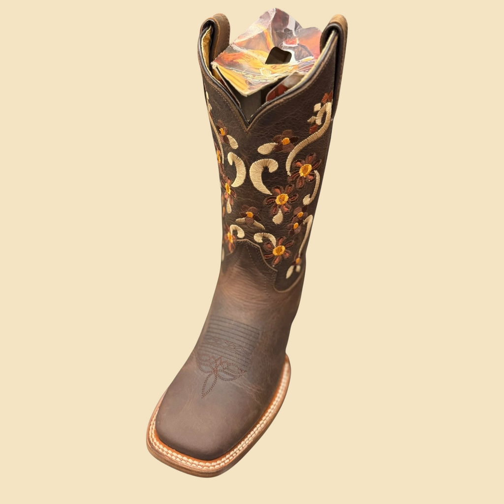 Lopez Fashion McALLEN dark brown leather cowboy boots with intricate floral embroidery and a square toe design.