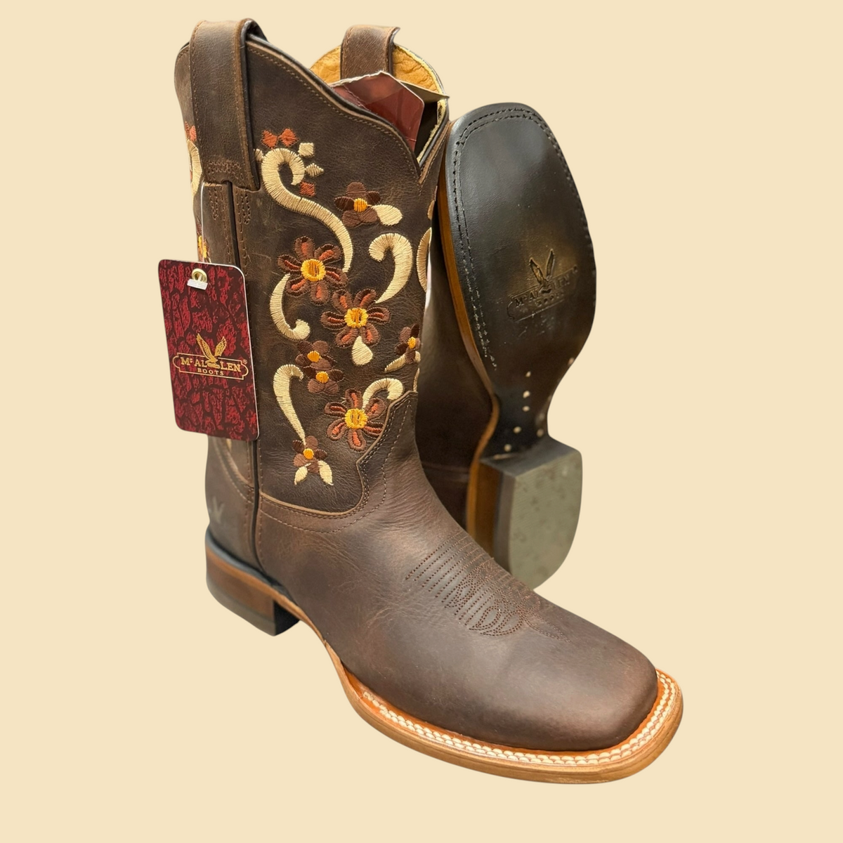 Lopez Fashion McALLEN BOOTS dark brown leather western cowboy boots with intricate floral embroidery and square toe.