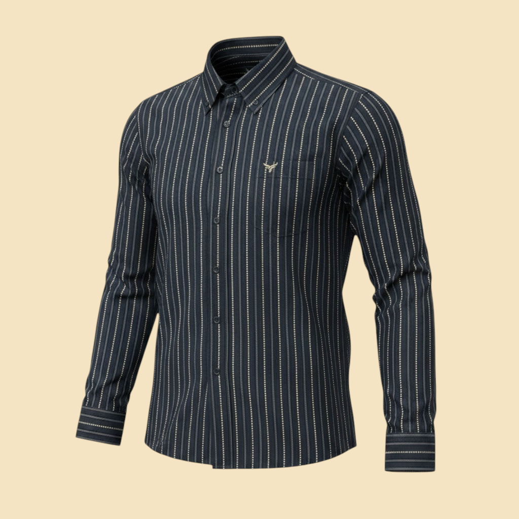 Lopez Fashion navy blue long sleeve button down shirt with white vertical pinstripes and a chest pocket.