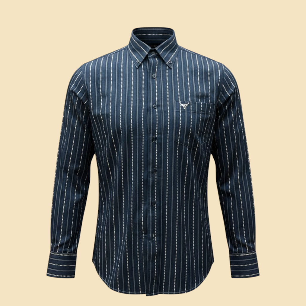 Lopez Fashion navy blue long sleeve button down shirt with vertical pinstripes and a chest pocket with embroidered logo
