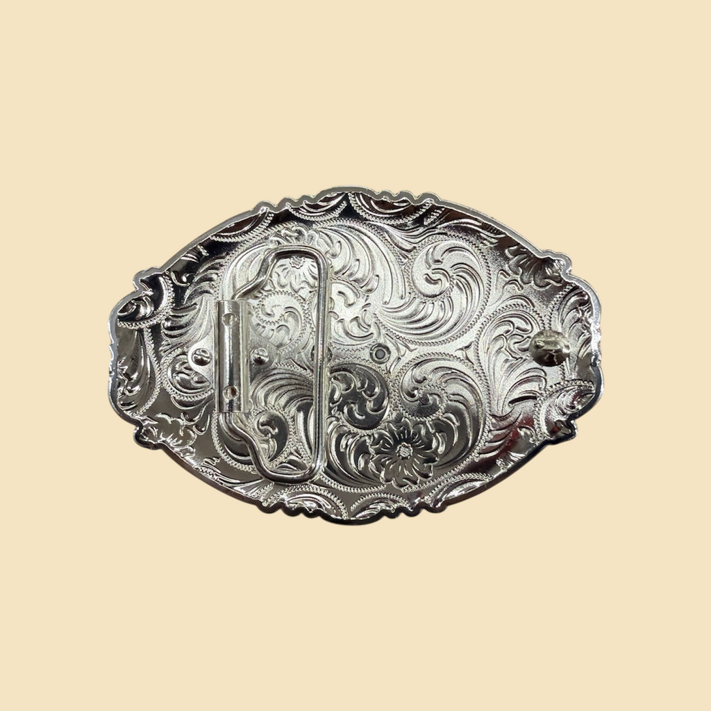Lopez Fashion ornate silver-tone western belt buckle back view with embossed floral scrollwork and metal hardware