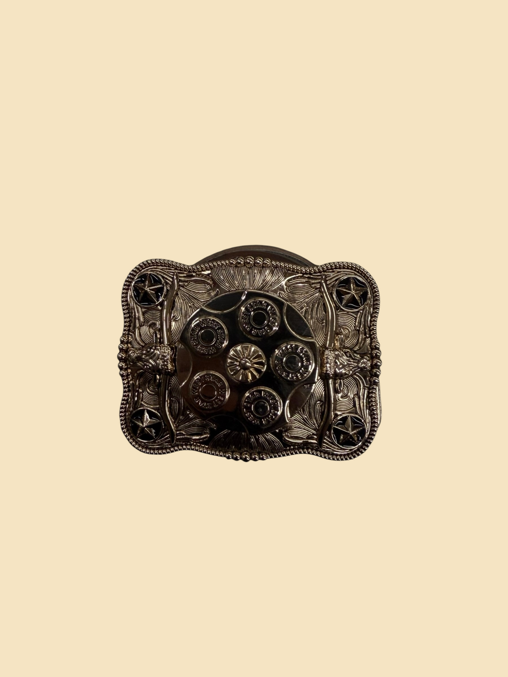 Lopez Fashion silver-tone belt buckle featuring a revolver cylinder design with star accents and ornate border work.
