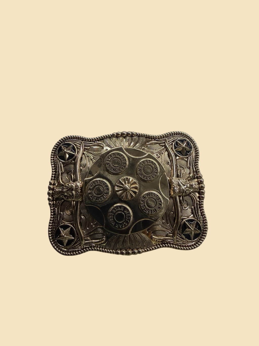 Lopez Fashion silver-tone western belt buckle featuring a revolver cylinder design with star accents and engravings.