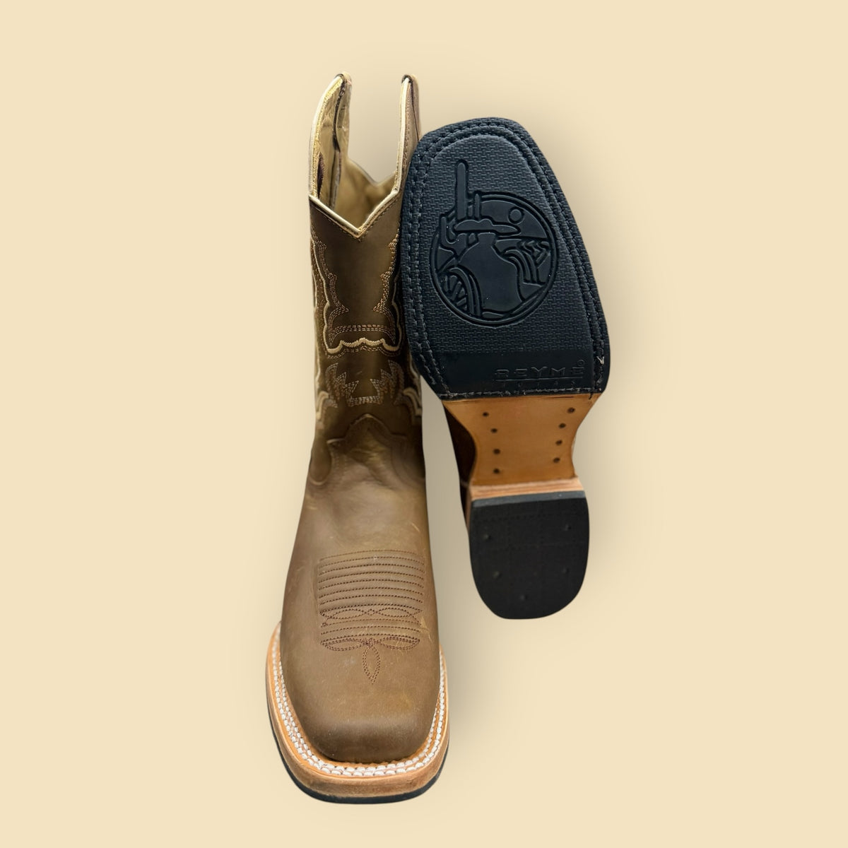 Lopez Fashion REYMA brown leather square toe cowboy boots with intricate embroidery and a rugged non-slip rubber sole
