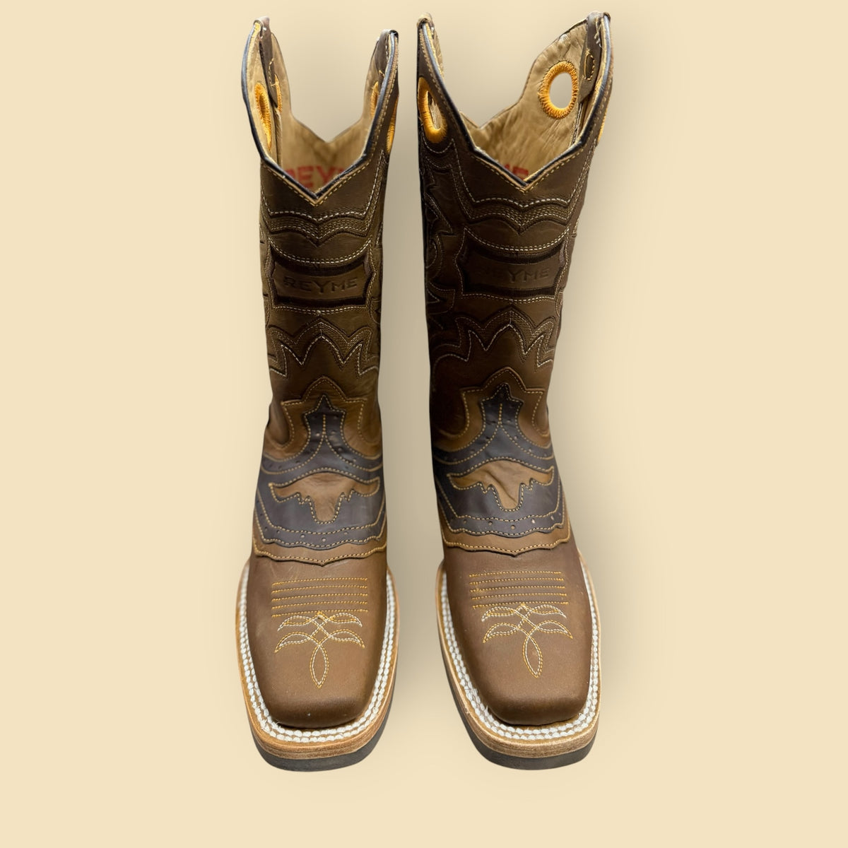 Lopez Fashion REYME square toe brown leather cowboy boots with intricate embroidery and pull-on handles