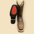 Lopez Fashion REYME brown leather square toe cowboy boots with intricate embroidery and red traction sole insert.