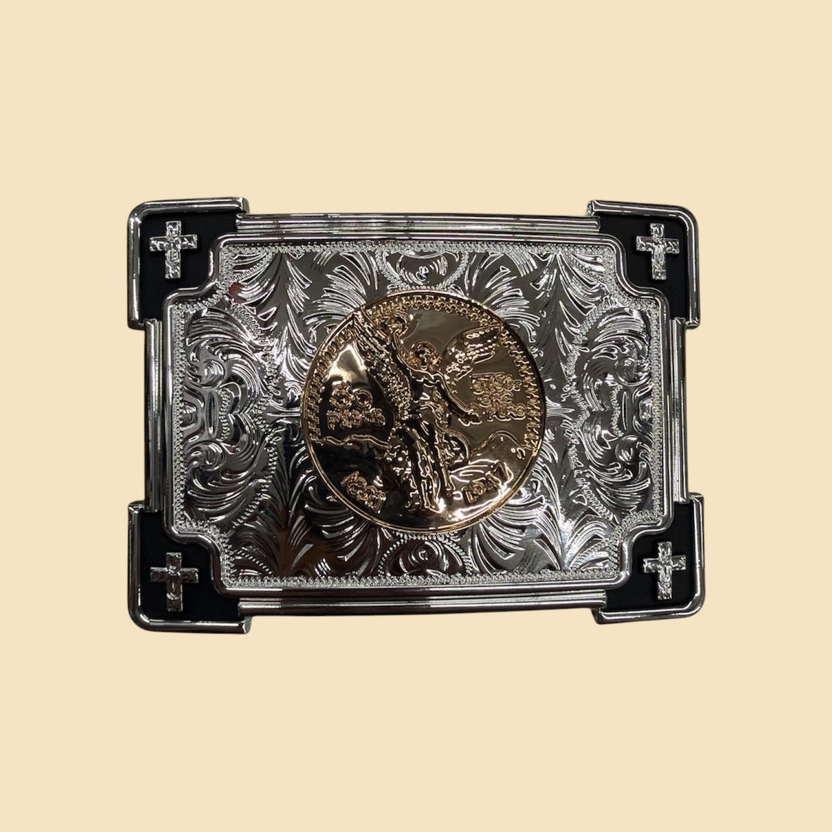 Lopez Fashion rectangular silver belt buckle with floral scrollwork, gold Saint Michael medallion, and cross accents.