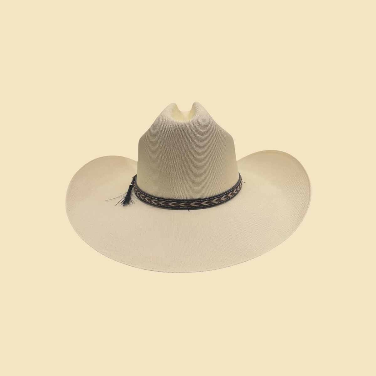 Lopez Fashion cream straw cowboy hat with a cattleman crease and a geometric patterned dark leather-style hat band.