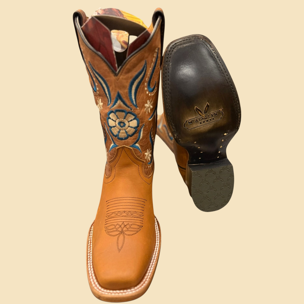 Lopez Fashion tan leather Western boots with square toe and blue and cream floral embroidery on the shaft