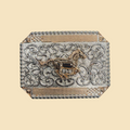 Lopez Fashion ornate rectangular belt buckle with a gold galloping horse on silver filigree and beaded border