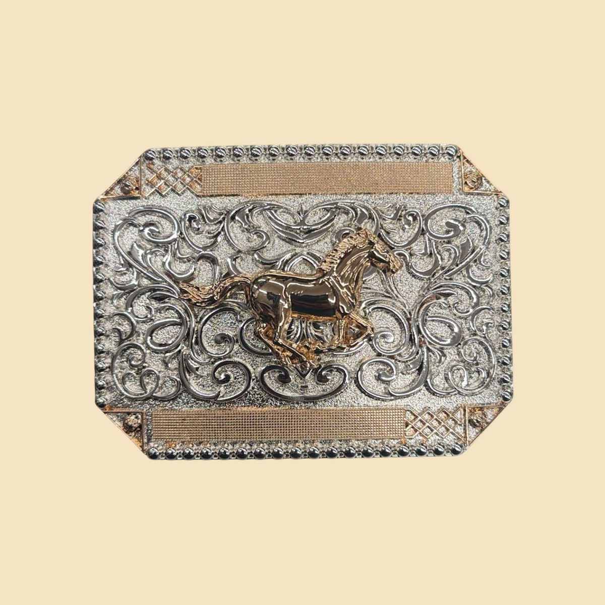 Lopez Fashion ornate rectangular belt buckle with a gold galloping horse on silver filigree and beaded border
