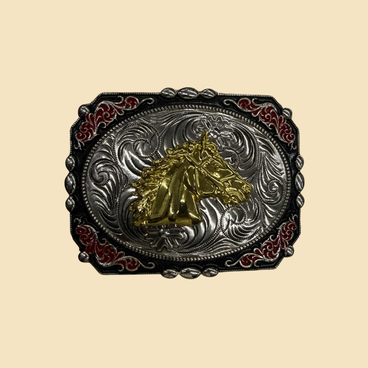 Lopez Fashion rectangular belt buckle featuring a gold horse head, silver scrollwork, and red enamel border accents.