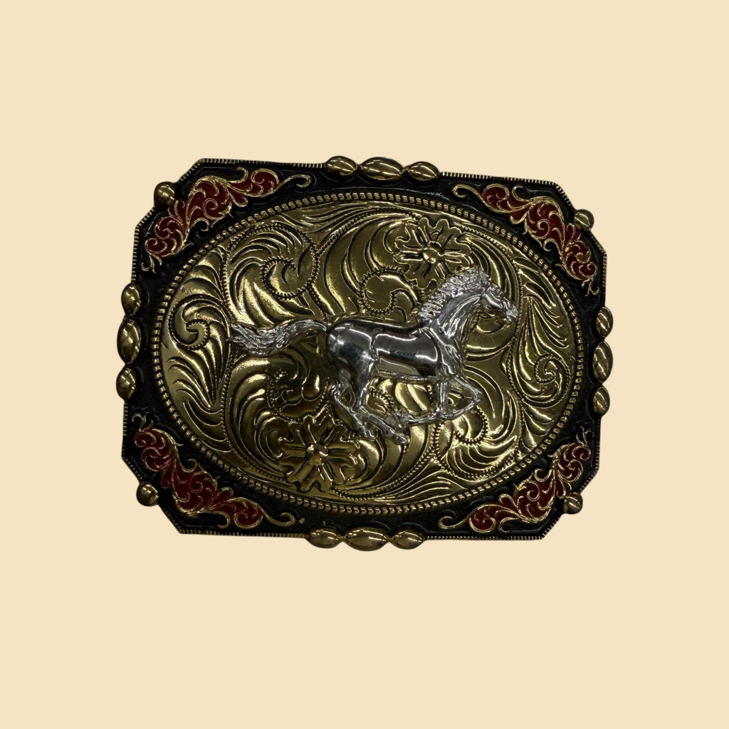 Lopez Fashion rectangular western belt buckle featuring a silver horse on gold floral scrollwork with red enamel accents.