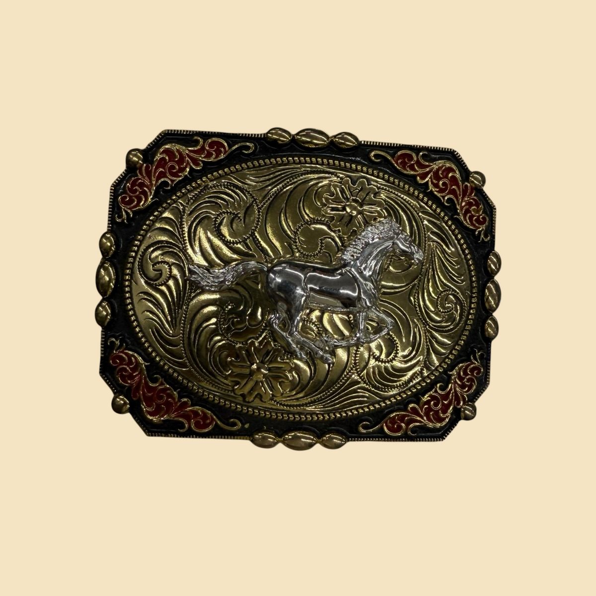 Lopez Fashion rectangular western belt buckle featuring a silver horse on gold floral scrollwork with red enamel accents.