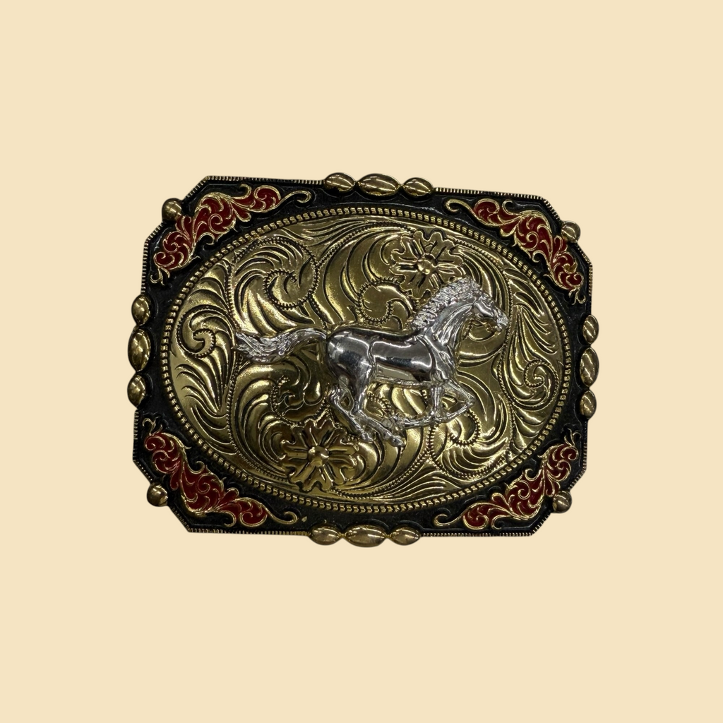 Lopez Fashion rectangular western belt buckle featuring a silver horse on gold floral scrollwork with red enamel accents.