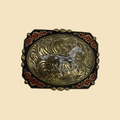 Lopez Fashion rectangular western belt buckle featuring a silver horse on gold floral scrollwork with red enamel accents.