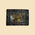Lopez Fashion rectangular belt buckle featuring a gold longhorn steer and horseshoe on a silver embossed background