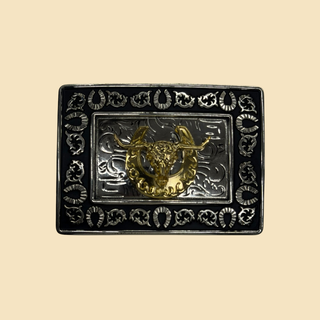 Lopez Fashion rectangular belt buckle with a gold longhorn steer and horseshoe motif on a polished silver background.