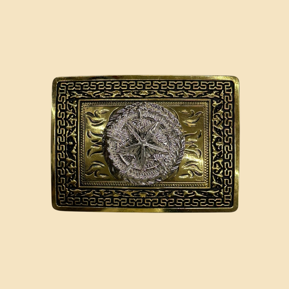 Lopez Fashion rectangular western belt buckle in gold-tone with a silver star emblem and geometric border pattern.