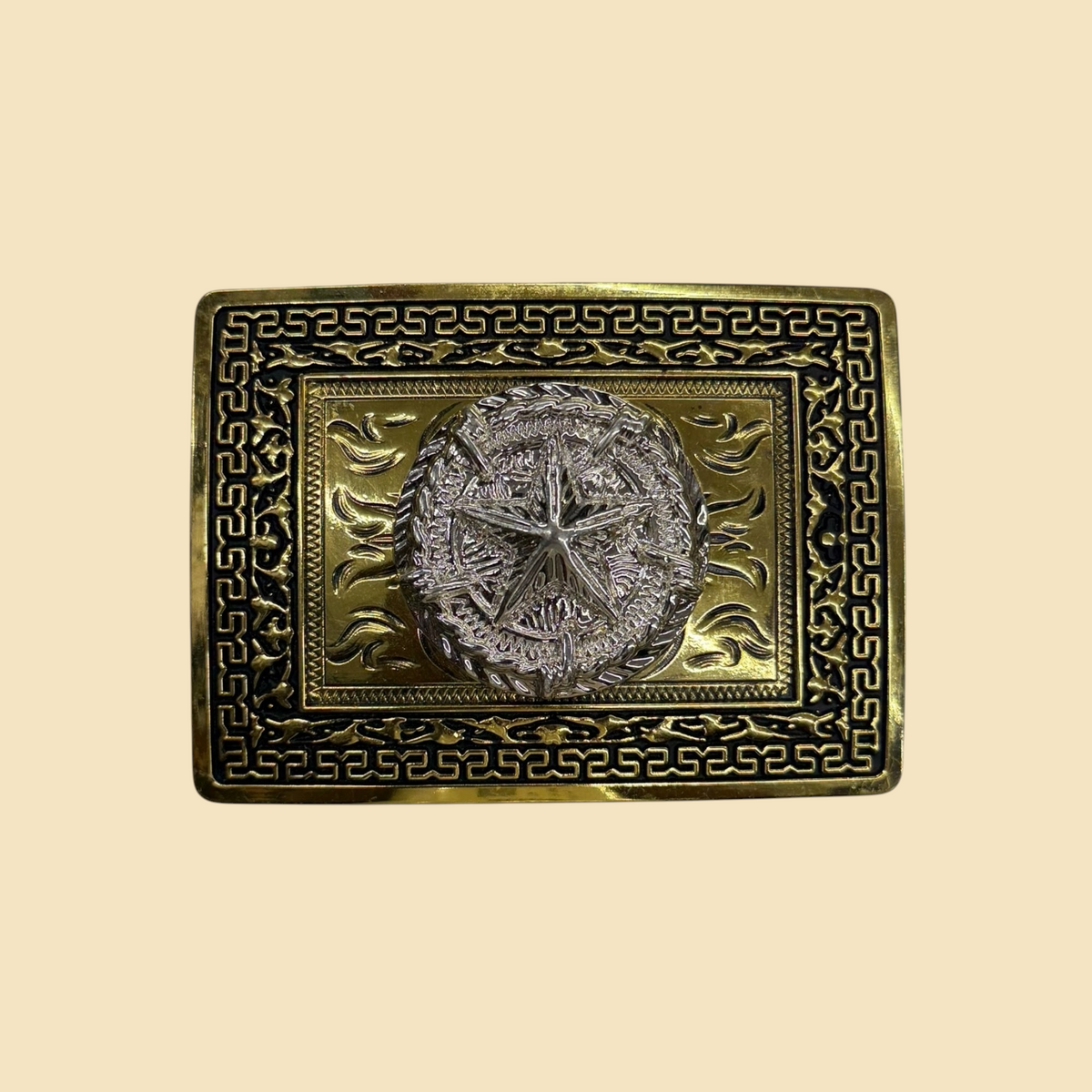 Lopez Fashion rectangular western belt buckle in gold and silver with a central star and geometric Greek key border.